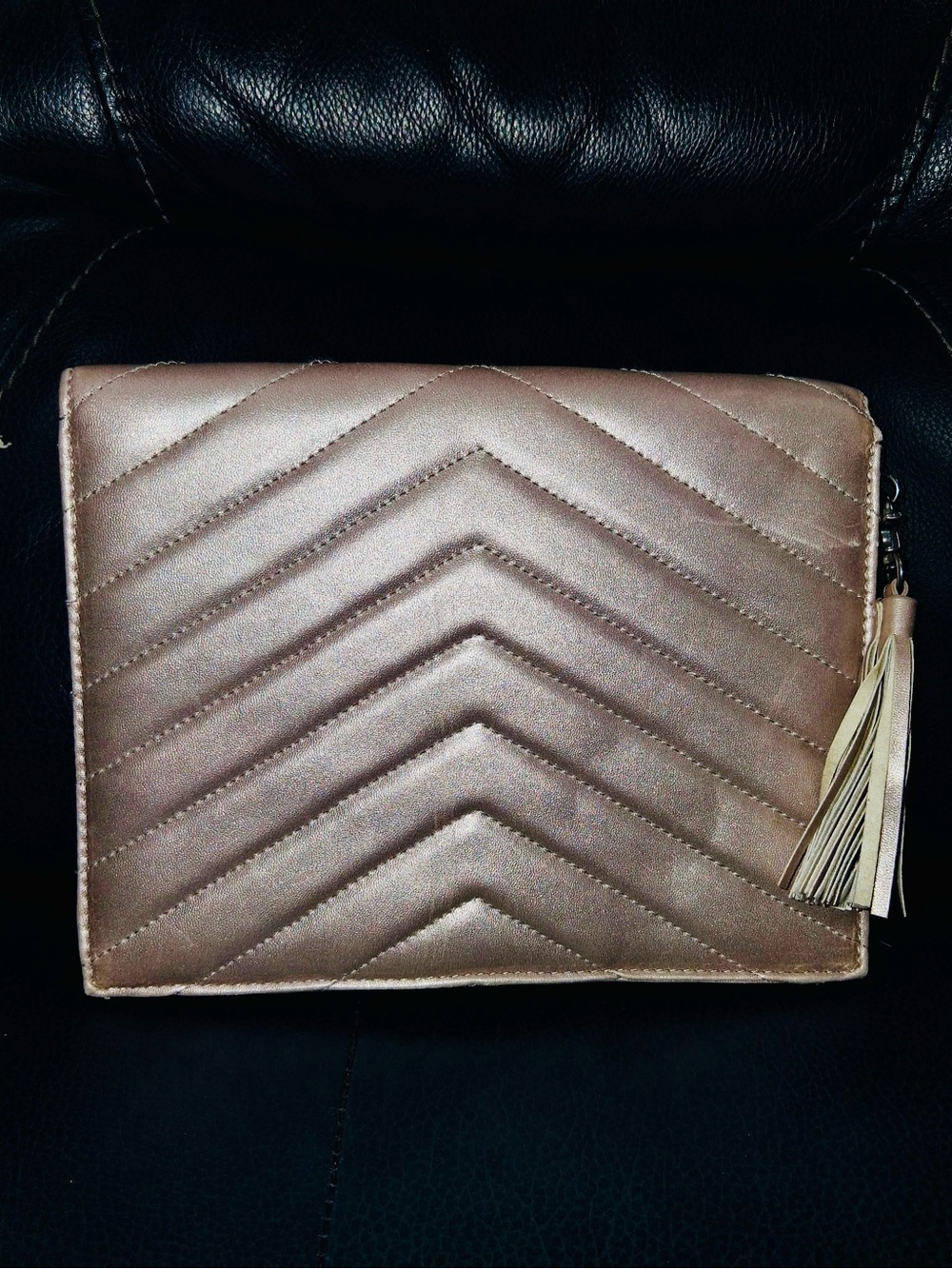 Neiman Marcus Quilted Chevron Metallic Rose Gold Clutch Wristlet